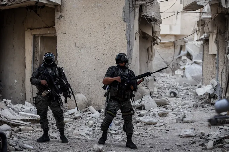 Image similar to Mercenary Special Forces soldiers in grey uniforms with black armored vest and black helmets in urban warfare in Syria 2022, Canon EOS R3, f/1.4, ISO 200, 1/160s, 8K, RAW, unedited, symmetrical balance, in-frame, combat photography