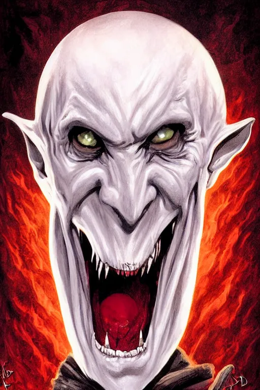 Prompt: nosferatu vampire with visible fangs, poster art by Chris Rallis gothic art, wiccan, macabre