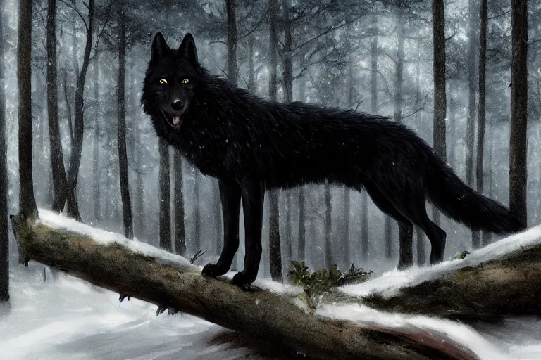 Prompt: a black wolf, standing on top of a fallen tree, winter forest, fantasy, greg rutkowski, cinematic, extremely detailed, dramatic lighting