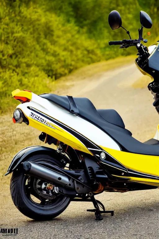 Image similar to yamaha dio with yellow, carbon and white paintjob, mountainroad background, midday, 5 0 0 ccm engine, race style, custom scooter, dslr, 8 5 mm, f / 1. 3