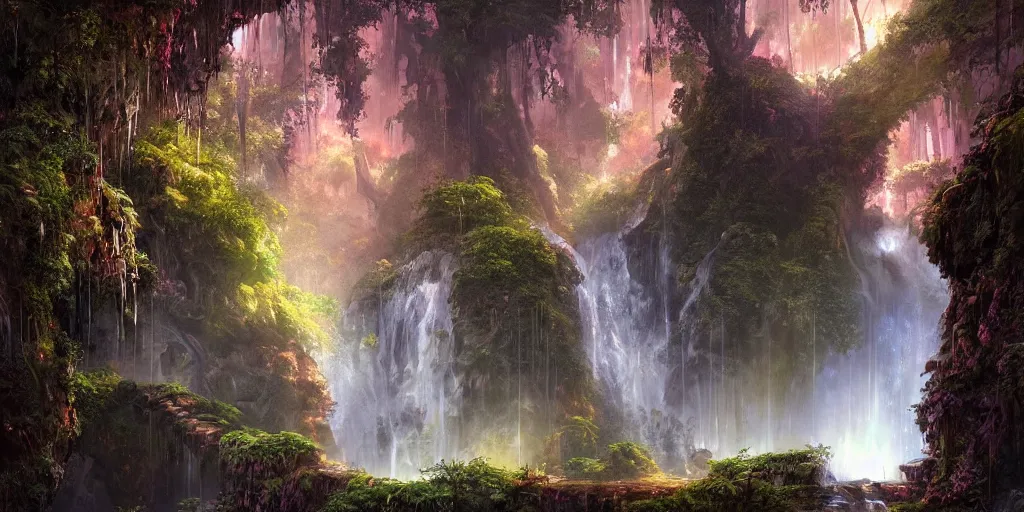 Image similar to a digital painting of a cave entrance in a mystical forest with waterfalls and vines hanging from trees, fireflies glowing in various colors, desaturated, a detailed matte painting by stephan martiniere, cgsociety, fantasy art, matte painting, concept art, fractalism, night