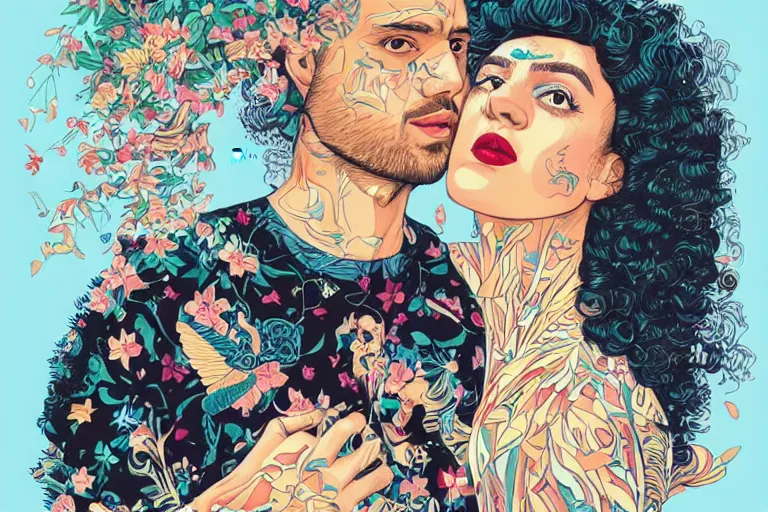 Prompt: a hispanic white girl with medium length curly hair, and a short - bearded mixed race man with short curly hair, in love selfie, tristan eaton, victo ngai, artgerm, rhads, ross draws