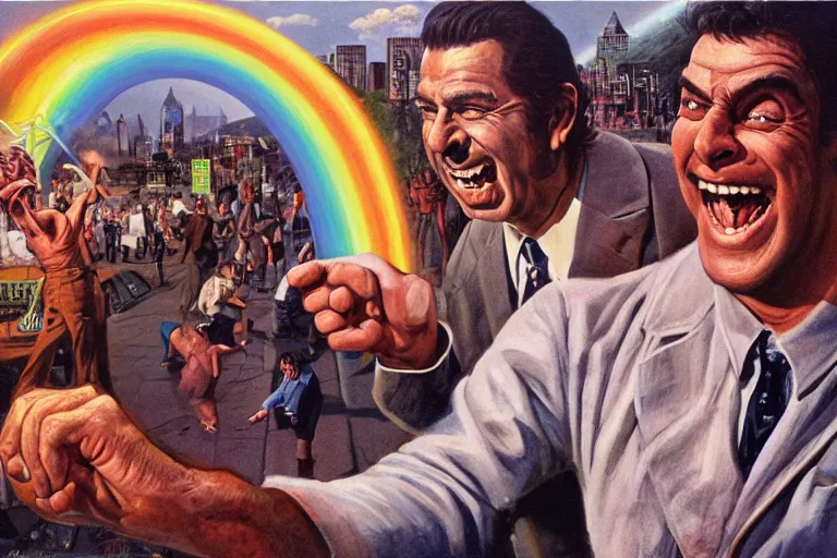 Prompt: a picture of a laughing subgenius - salesman punching a hippie!, rainbow smoke, a detailed matte painting by mort kunstler, pixiv, kitsch movement, dallas background, movie poster, official art