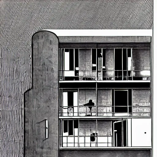 Prompt: l'unite d'habitation by le corbusier, in the style of piranesi