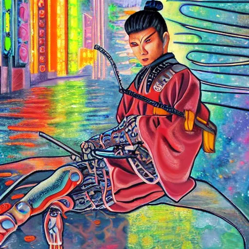 Image similar to an extremely detailed oil painting of a cyborg samurai, sitting infront of a neon river. 4 k. colorful.