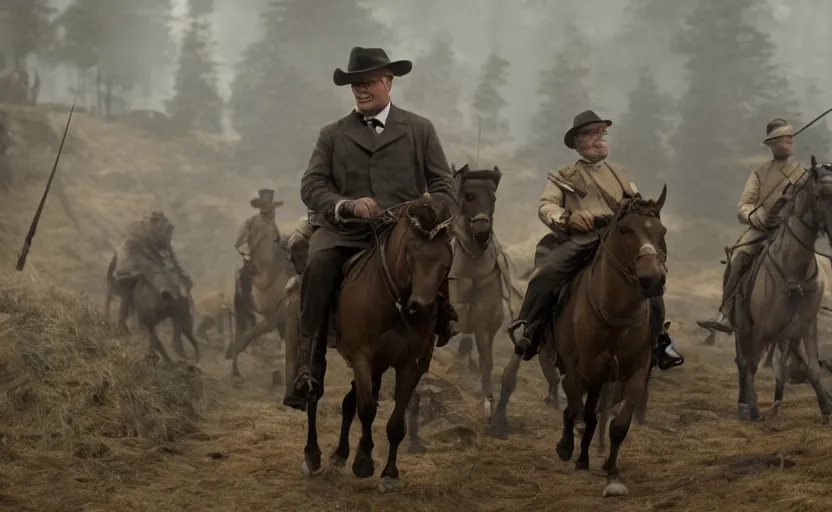 Image similar to Leonardo DiCaprio as Theodore Roosevelt in 'Roosevelt' (2017), movie still frame, oscar nominated cinematography, volumetric lighting, 8k resolution