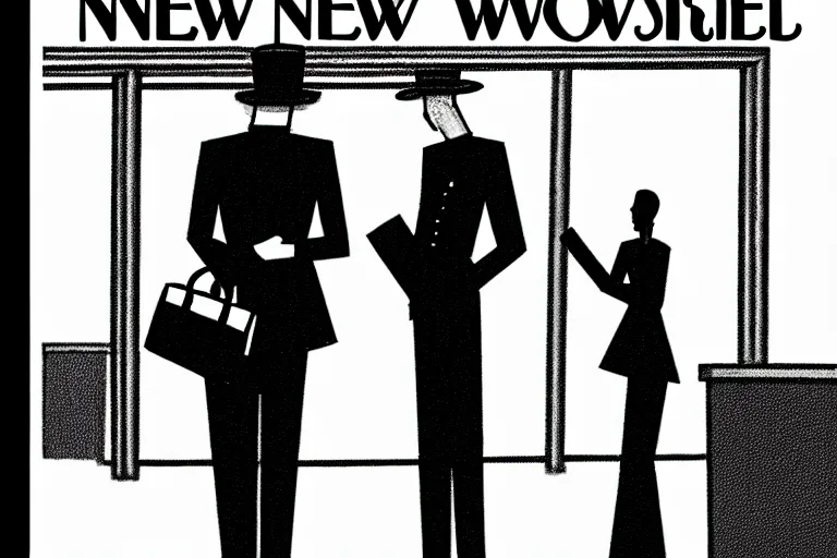 Image similar to tall, security guard checks the bags of a worried looking woman, art in the style of the new yorker, ed koren