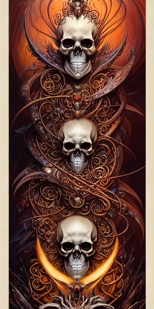 Image similar to A beautiful detailed orixa 2d tarot card by ellen jewett, tomasz alen kopera and Justin Gerard, symmetrical features, ominous, magical realism, texture, intricate, ornate, royally decorated, skull, skeleton, whirling smoke, embers, red adornments, red torn fabric, radiant colors, fantasy, trending on artstation, volumetric lighting, micro details, 3d sculpture, ray tracing, 8k, anaglyph effect