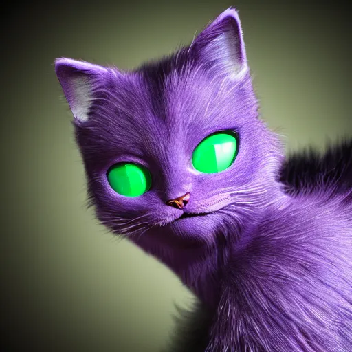 Image similar to purple batman cat with a lot of fur synth wave smiling ultra realistic photorealistic high quality highly detailed 8 k