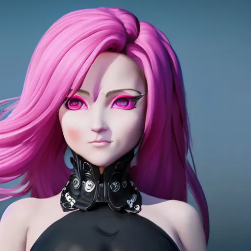 Image similar to stunningly beautiful omnipotent megalomaniacal anime goddess with porcelain skin, pink hair and mesmerizing cyan eyes, symmetrical perfect face smiling in a mischievous, devious and haughty way while looking down upon the viewer, mid view, hyperdetailed, unreal engine 5, 8 k