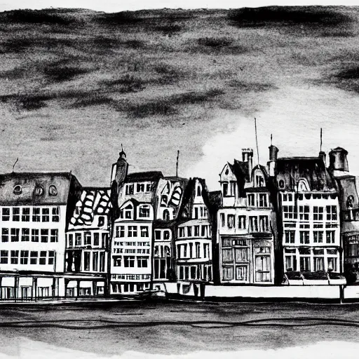 Prompt: an Ink drawing of Amiens, Northern France, waterfront houses, high contrast, black and white