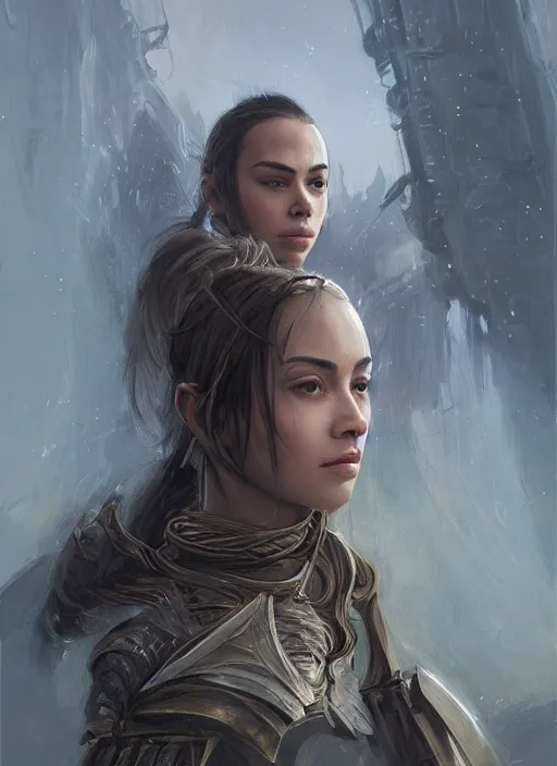 Image similar to a professional portrait of a beautiful young female, clothed in ethereal battle armor, olive skin, long dark hair, beautiful bone structure, symmetrical facial features, intricate, elegant, digital painting, concept art, smooth, sharp focus, finely detailed, illustration, from Valerian and the City of a Thousand Planets, in the style of Ruan Jia and Mandy Jurgens and Artgerm and Greg Rutkowski and William-Adolphe Bouguerea