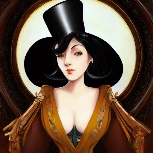 Prompt: a fancy woman, top hat, symmetrical features, digital painting, masterpiece, thomas kinkade, tite kubo, gorgeous, beautiful, intricate detail, brush strokes