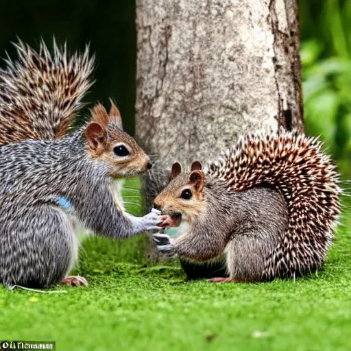 Prompt: diplomatic treaty has been signed between the squirrels and the hedgehogs, national leaders photo