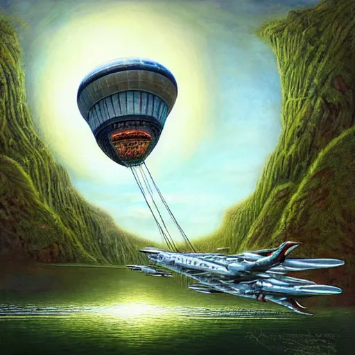 Prompt: airship taking off from soaring towers and lace bridges, under outer world forrest, rivers and lakes, art by Dmitry Dubinsky