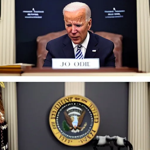 Image similar to president joe biden as a horrific zombie, white house full of zombies