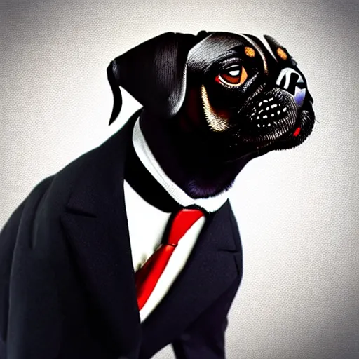 Prompt: a salvador dali portrait of black pugalier dog wearing suit and tie, surreal background, by salvador dali, trending on instagram, award winning details