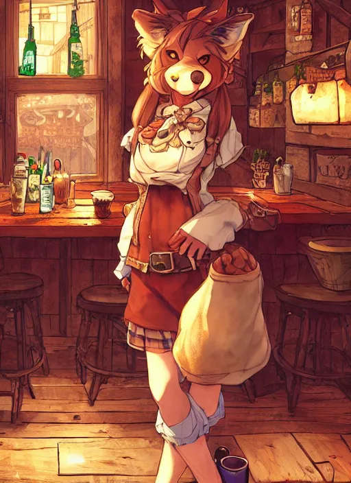 Image similar to anthro coyote fursona barmaid in a cozy tavern, hidari, color page, tankoban, 4K, tone mapping, Akihiko Yoshida.