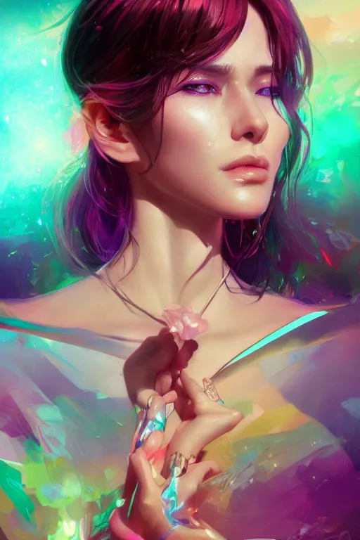 Prompt: gem! and the holograms, seductive look, chromatic aberration, hyper realistic, highly detailed, digital painting, trending on artstation, concept art, sharp focus, illustration, art by wlop and artgerm and greg rutkowski and ayami kojima