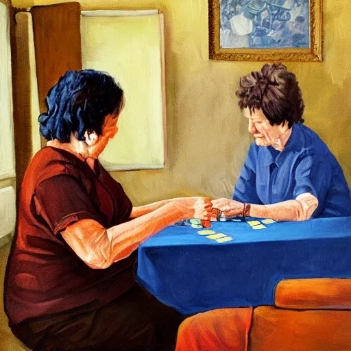 Image similar to 2 old ladies in a blue and brown shirt and a woman playing cards in a commieblock apartment, still life painting, high detail, oil painting