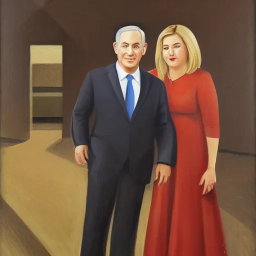 Prompt: A portrait of Benjamin Netanyahu and Sara Netanyahu by Grant Wood