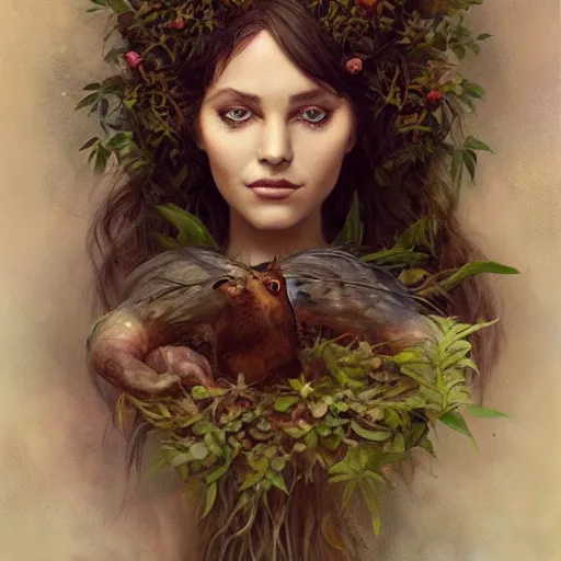 Image similar to portrait character design painting, dryad musician inspired by brian froud, portrait, accompanied by a cute feathered mouse, studio lighting by jessica rossier and brian froud and gaston bussiere