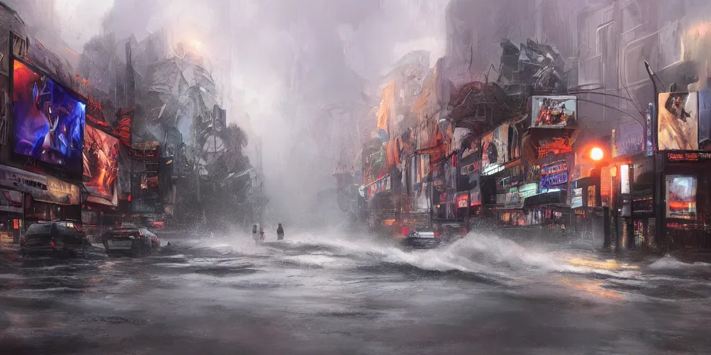 Image similar to hollywood boulevard hit by a biblical flood during a storm, dramatic lighting, beautiful, stunning landscape artwork by artgerm, rutkowski, wlop featured on artstation, cgsociety, behance hd