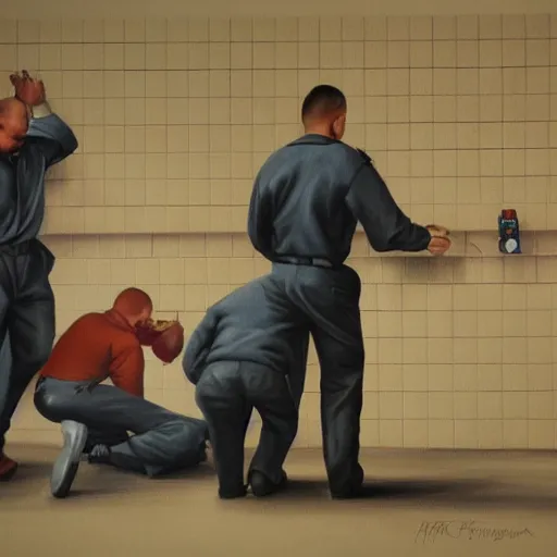 Image similar to hyperrealism painting of prisoners scheming to escape prison while guards are distracted by a fight