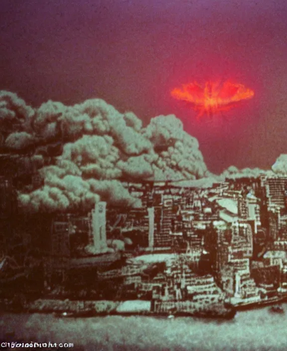 Prompt: Pulgasari the North Korean starfish monster destroying Pyongyang city, volumetric lighting, filmstill, produced by Kim Jong-il, Kodachrome, kaiju-eiga, monster movie, communist propaganda, film noir, 35mm film grain, Cooke Varotal 20-100mm T3.1, in the style of Ishirō Honda and Stanley Kubrick