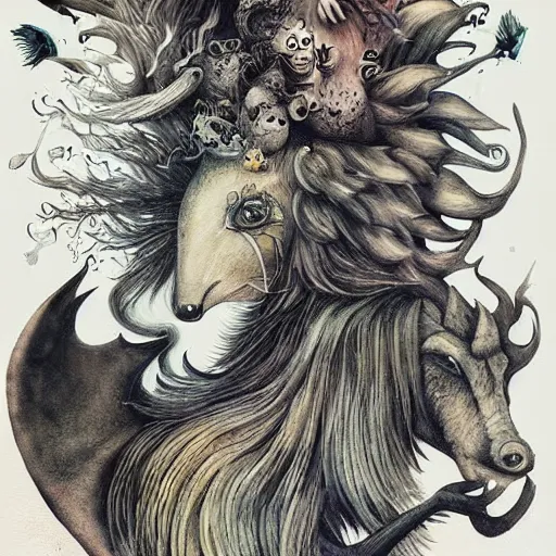 Image similar to strange mythical beasts of whimsy, surreal dark ink wash colllage by Ronny Khalil