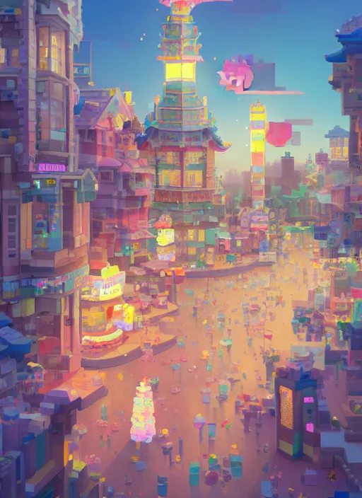 Image similar to sparkling pastel cute voxel art of a town city, behance, artstation, cute, Japanese, 3d render, unity, beautiful lighting, extremely beautiful, very beautiful award winning art Huang Guangjian and Gil Elvgren and Sachin Teng , Greg Manchess