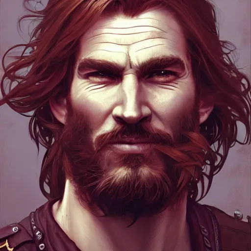 Image similar to portrait of a young ruggedly handsome but joyful pirate, male, masculine, upper body, crimson hair, long long flowing hair, fantasy, smug smirk, intricate, elegant, highly detailed, digital painting, artstation, concept art, matte, sharp focus, illustration, art by artgerm and greg rutkowski and alphonse mucha