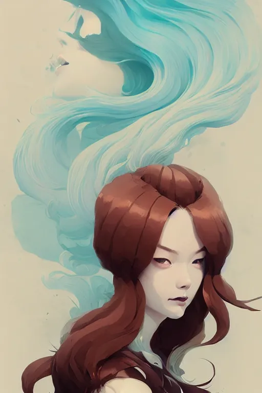 Image similar to beautiful artistic - wave highly detailed portrait female, with kitsune mask, long red hair, by atey ghailan, by greg rutkowski, by greg tocchini, by james gilleard, by joe fenton, by kaethe butcher, dynamic lighting, gradient light blue, brown, blonde cream and white color scheme, grunge aesthetic