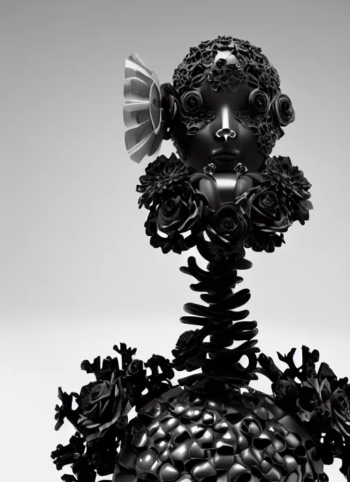 Image similar to elegant biomechanical black statue carrying perfume bottle made of corals, daisies, roses, well contoured smooth fair walls carrying perfume bottle, up close shot, sharp focus, global illumination, radiant light, alexandre ferra white mecha, irakli nadar, octane highly render, 4 k, ultra hd,