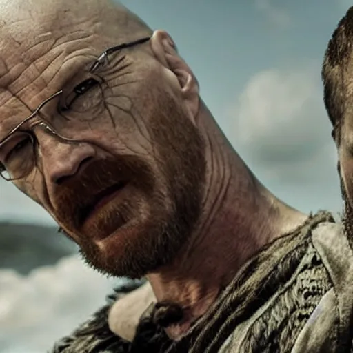 Prompt: Walter White fighting Ragnar Lathbrook in Vikings TV series.