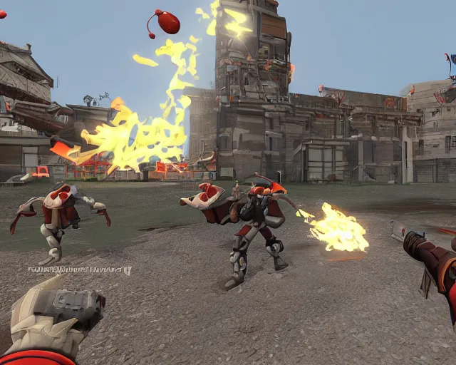 Image similar to TF2 screenshot 'koth_clownworld' with game HUD, source engine footage, game HUD, heavy weapons guy