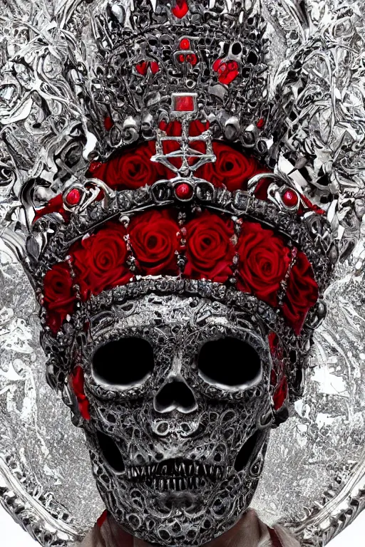 Image similar to a queen with half skull with an red crown, hints of silver jewelry, gothic, eerie, intricate detail, dramatic lighting, fire, red, 8 k