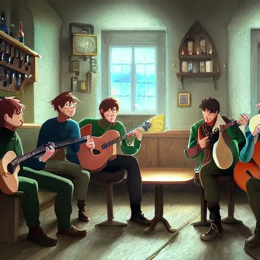 Image similar to five irishmen in aran sweaters singing in a pub, one is playing an acoustic guitar, highly detailed, digital painting, concept art, sharp focus, by makoto shinkai