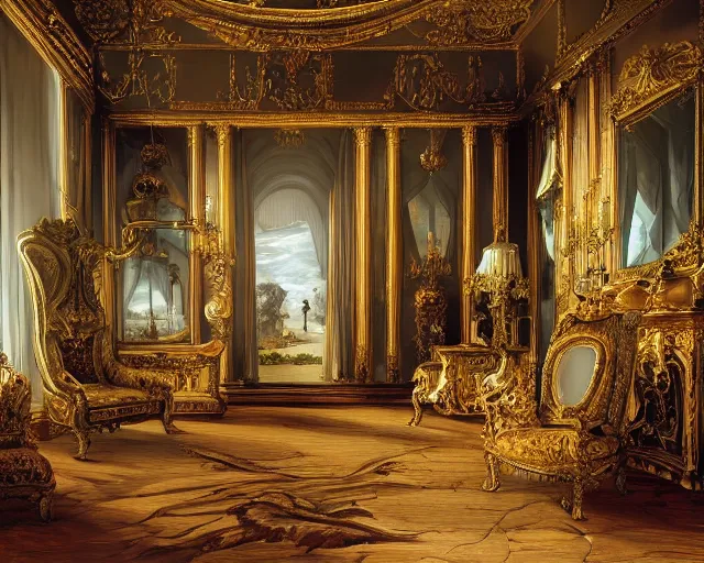 Image similar to photo of rococo interior, hyperrealism, extreme detail, intricate, elegant, highly detailed, sharp focus