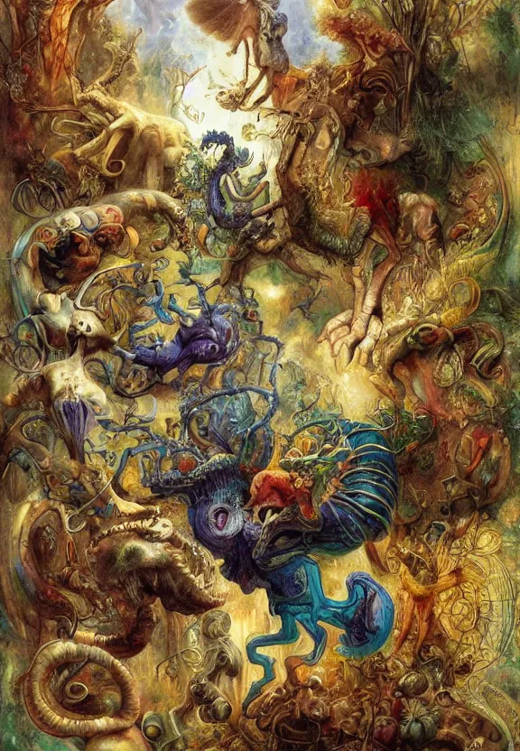 Image similar to simplicity, colorful muscular eldritch animals radiating town fractal, white bones, colorful gems, by h. r. giger and esao andrews and maria sibylla merian eugene delacroix, gustave dore, thomas moran, pop art, chiaroscuro, biopunk, art nouveau