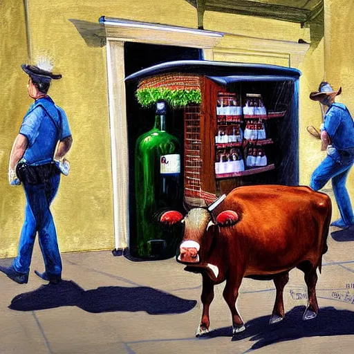 Image similar to a cow steals wine from a market stall. one of the bottles breaks spilling its contents on the street. a guard is going after the cow, digital art