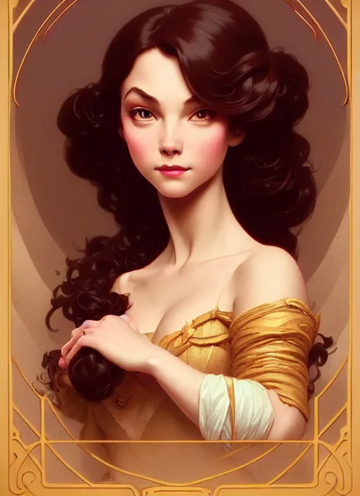 Image similar to portrait of disney belle, intricate, elegant, highly detailed, my rendition, digital painting, artstation, concept art, smooth, sharp focus, illustration, art by artgerm and greg rutkowski and alphonse mucha and uang guangjian and gil elvgren and sachin teng, symmetry!!