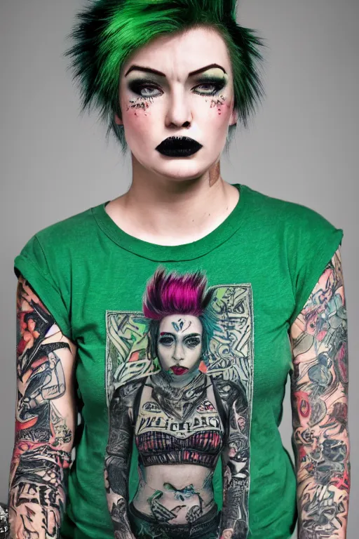 Image similar to upper body portrait hannah as a punk woman with green mohawk, covered in neotraditional style tattoos, wearing a bold tee shirt, flannel jacket, fishnets and a long tartan skirt, intimidating, max details, hyperrealistic, photorealistic, ultra - realistic, ultra - detailed, cinematic, 8 k resolution by alan lee