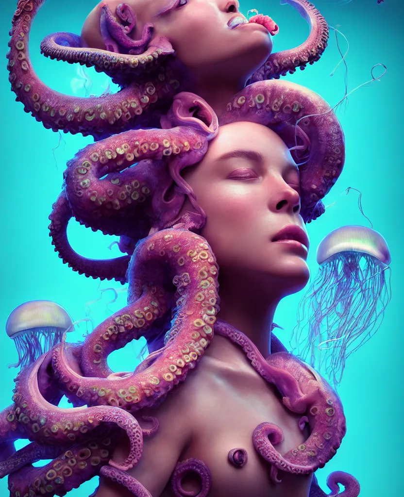 Image similar to goddess close-up portrait human high on ecstacy, ram skull, octopus, jellyfish, orchid, betta fish, bioluminiscent, intricate artwork by Tooth Wu and wlop and beeple. octane render, trending on artstation, greg rutkowski very coherent symmetrical artwork. cinematic, hyper realism, high detail, octane render, 8k