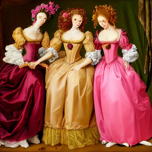 Image similar to group of skinny female artist wearing renaissance dresses, pink and gold flowers in the style of realism, cinematic, high octane render, tonalism, rococo, manga