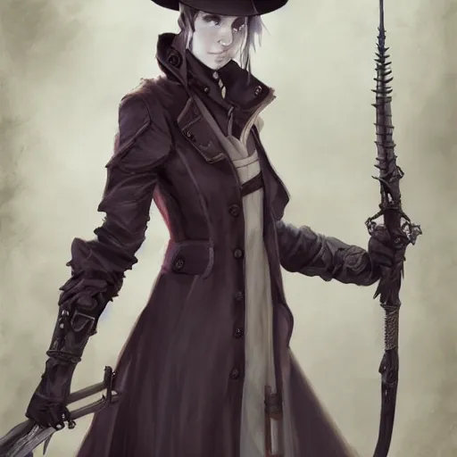 Prompt: female bloodborne hunter, long coat, by charlie bowater, loish, artgerm, krenz cushart, wlop, ilya kuvshinov, range murata