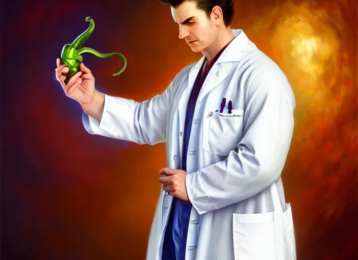 Image similar to a wide pepper wearing a white lab coat and stethoscope, diffuse lighting, fantasy, intricate, elegant, highly detailed, lifelike, photorealistic, digital painting, artstation, illustration, concept art, smooth, sharp focus, art by frank frazetta and marco bucci and loish and rossdraws and artgerm and alphonse mucha