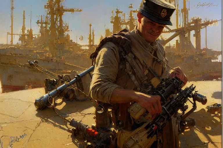 Image similar to us soldier in shipyard dieselpunk painting by gaston bussiere, craig mullins, j. c. leyendecker