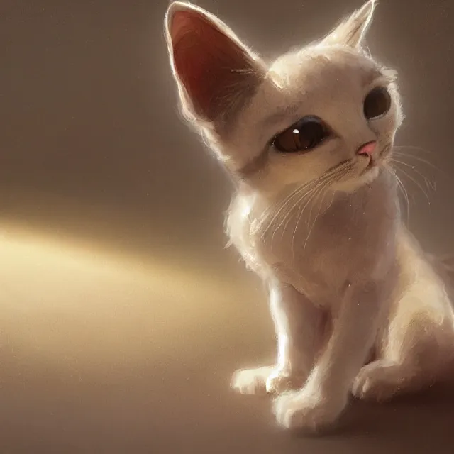 Prompt: a painting of a cute light beige kitten. brown ears. brown face. brown legs. brown tail. white paws. big eyes. character design by cory loftis, fenghua zhong, ryohei hase, ismail inceoglu and ruan jia. volumetric light, detailed, rendered in octane
