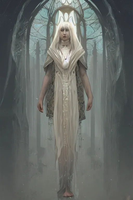 Image similar to pale priestess of the sacral moon full body portrait highly detailed, digital painting, artstation, concept art, smooth and sharp focus, illustration, art by tian zi and wlop and alphonse mucha